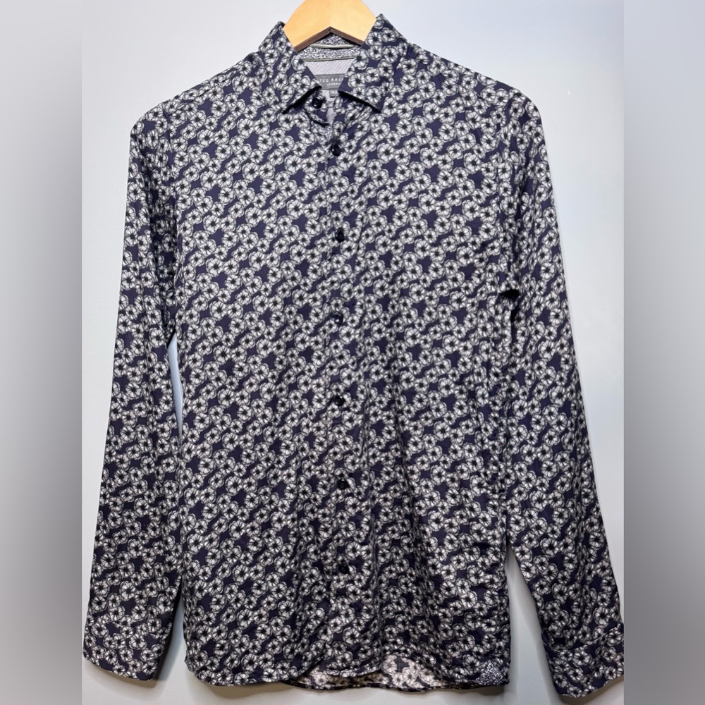 Ted Baker London Floral Button Down Shirt Men’s 14.5 Modern Fit Blue